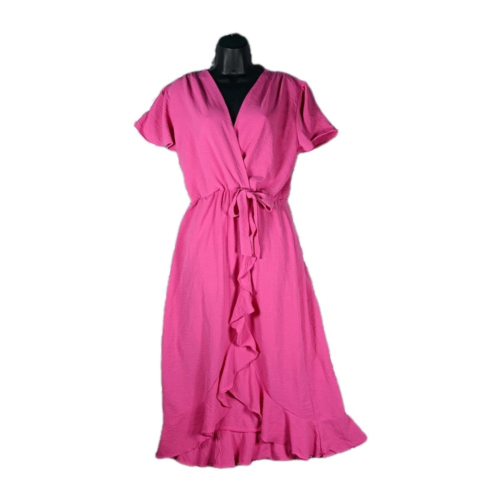 Fraiche By J Wrap Dress Women Large Pink Midi Ruffle Short Sleeve Feminine Girly